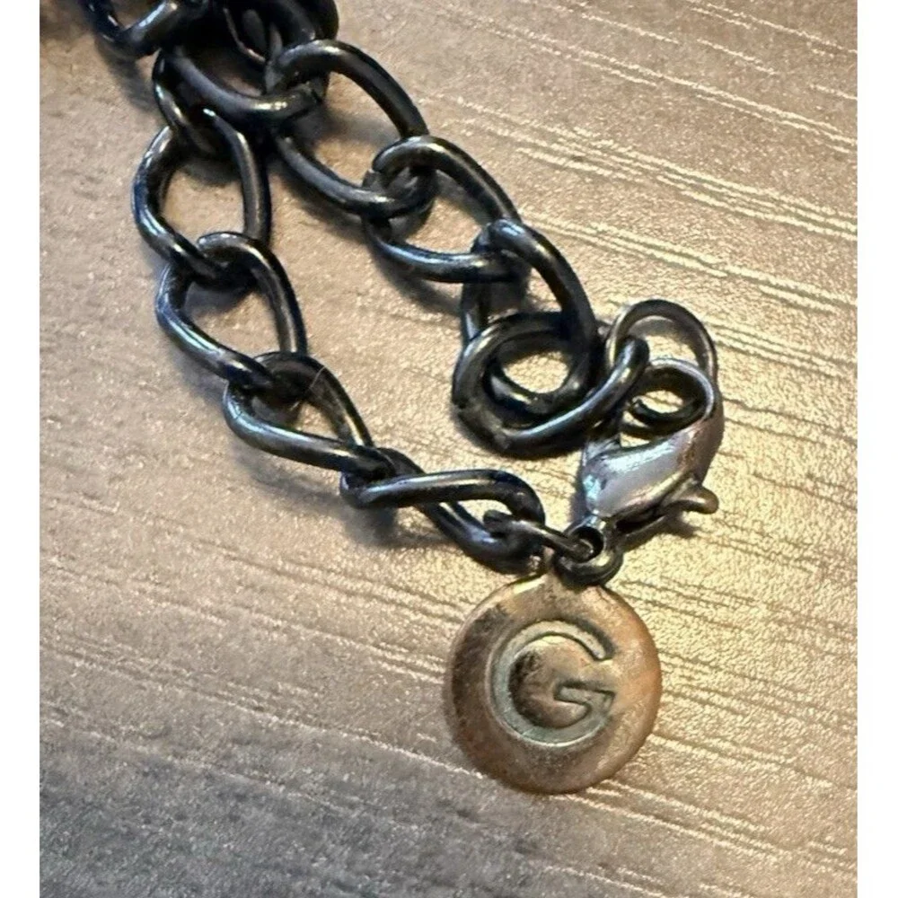 Vintage Y2K Guess Black Tone Logo Charm Necklace Rhinestone 36